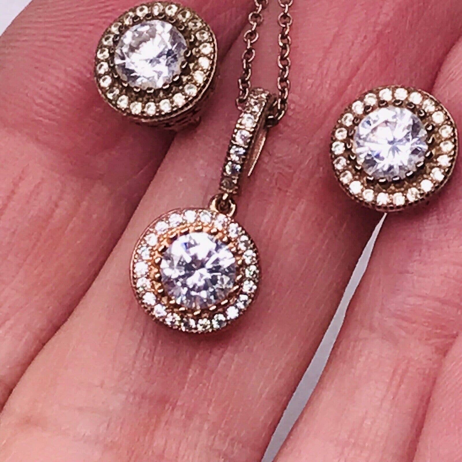 Ygi 925 Sterling Silver Earrings Stud Halo Necklace Pendant Cz Set Gold Tone